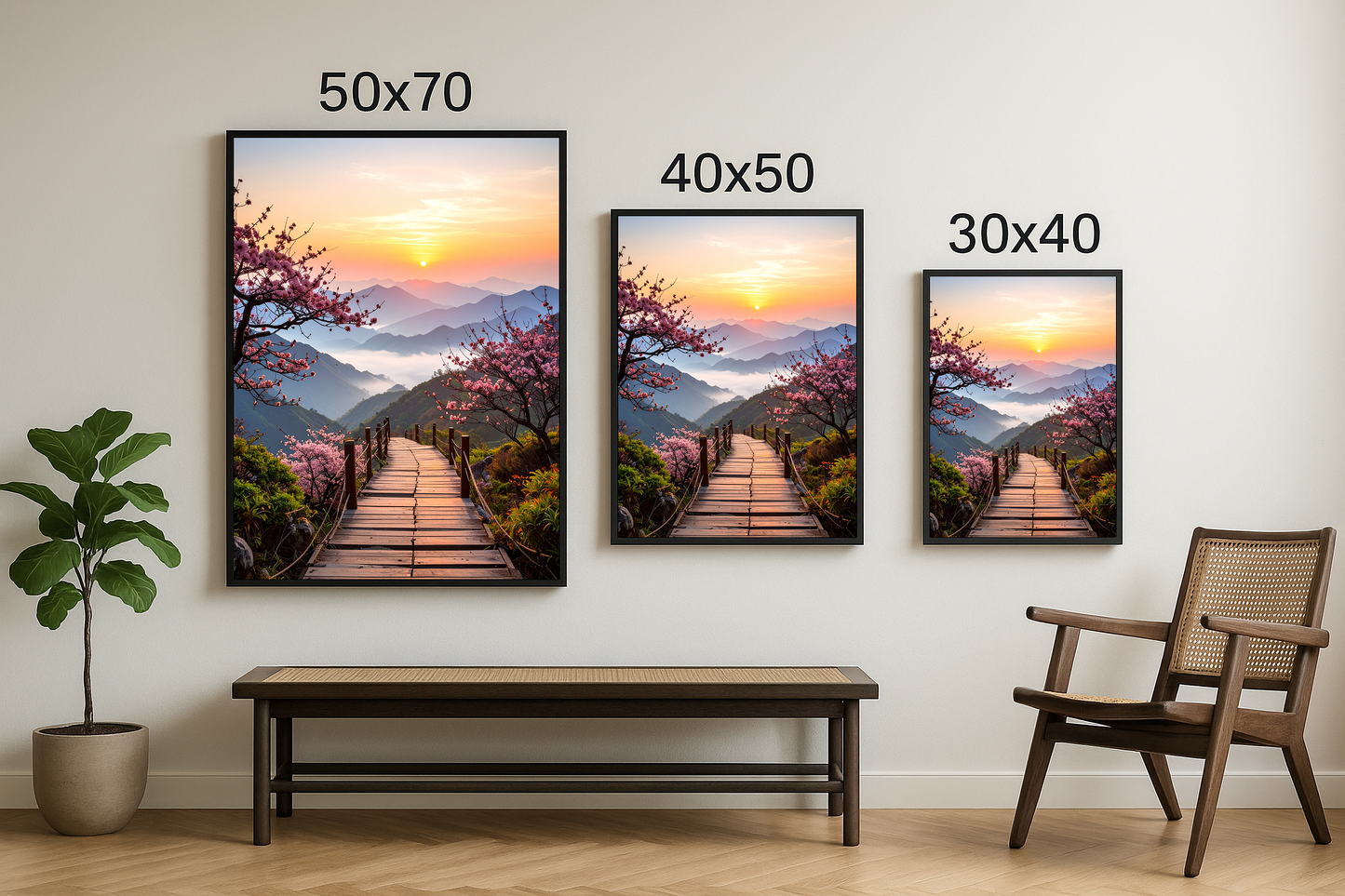 Aynı görselin üç farklı tablo boyutunda duvarda sergilenişi: 50x70, 40x50 ve 30x40 cm seçenekleri.