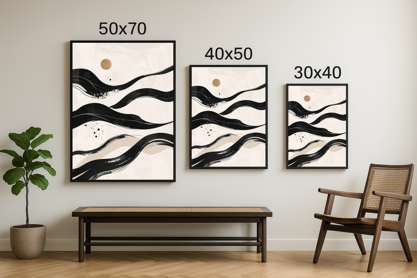 Aynı soyut tablo tasarımının 3 farklı boyutta (50x70, 40x50, 30x40) duvara asılmış hali.