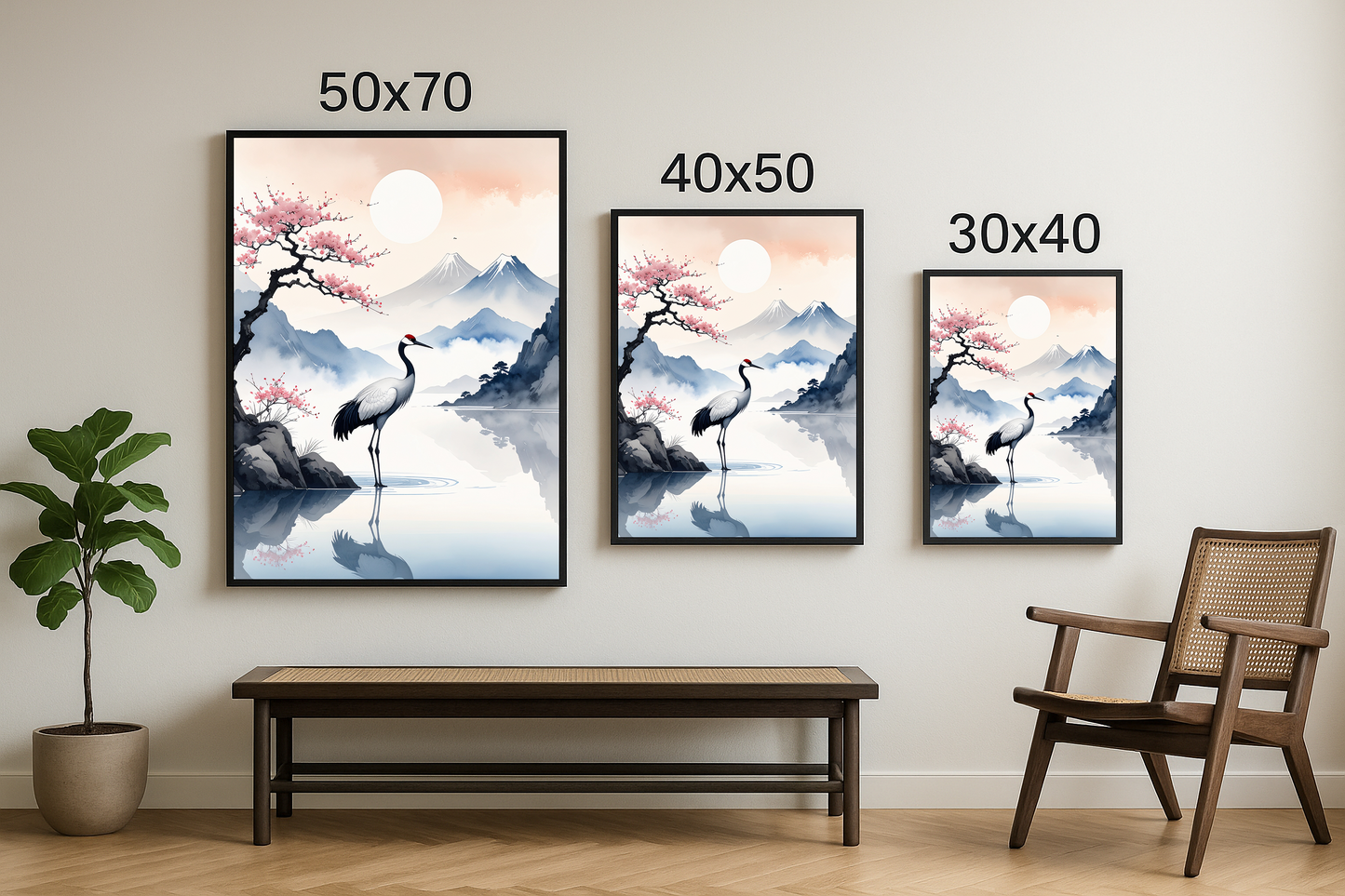 Aynı tablo tasarımının üç farklı boyutta (50x70, 40x50, 30x40) duvarda asılmış görseli.