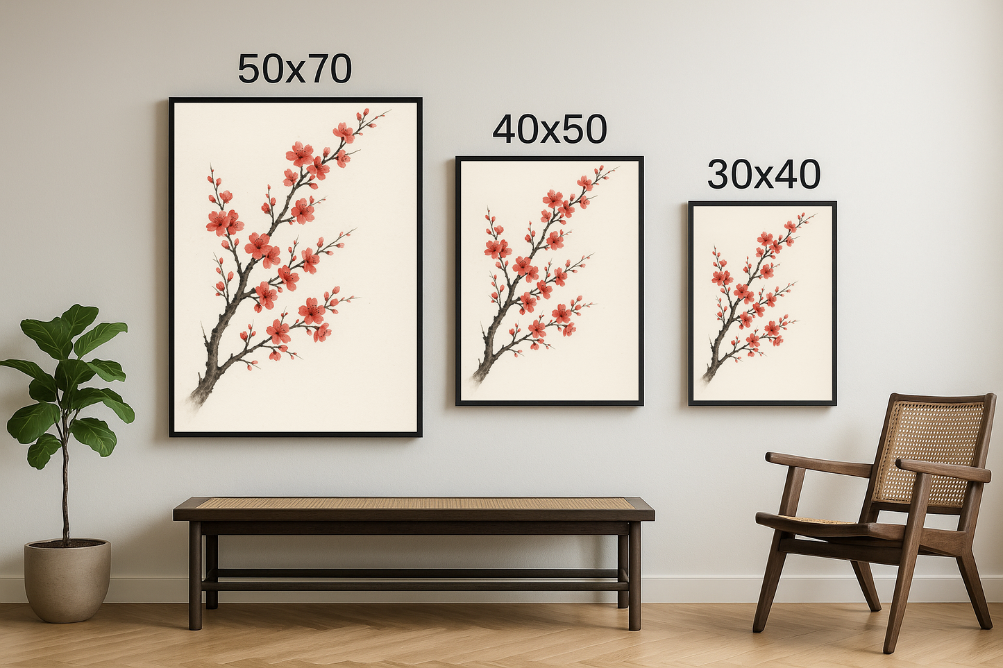 30x40, 40x50 ve 50x70 boyutlarında çerçevelenmiş kırmızı çiçekli bahar dalı tablo seti.