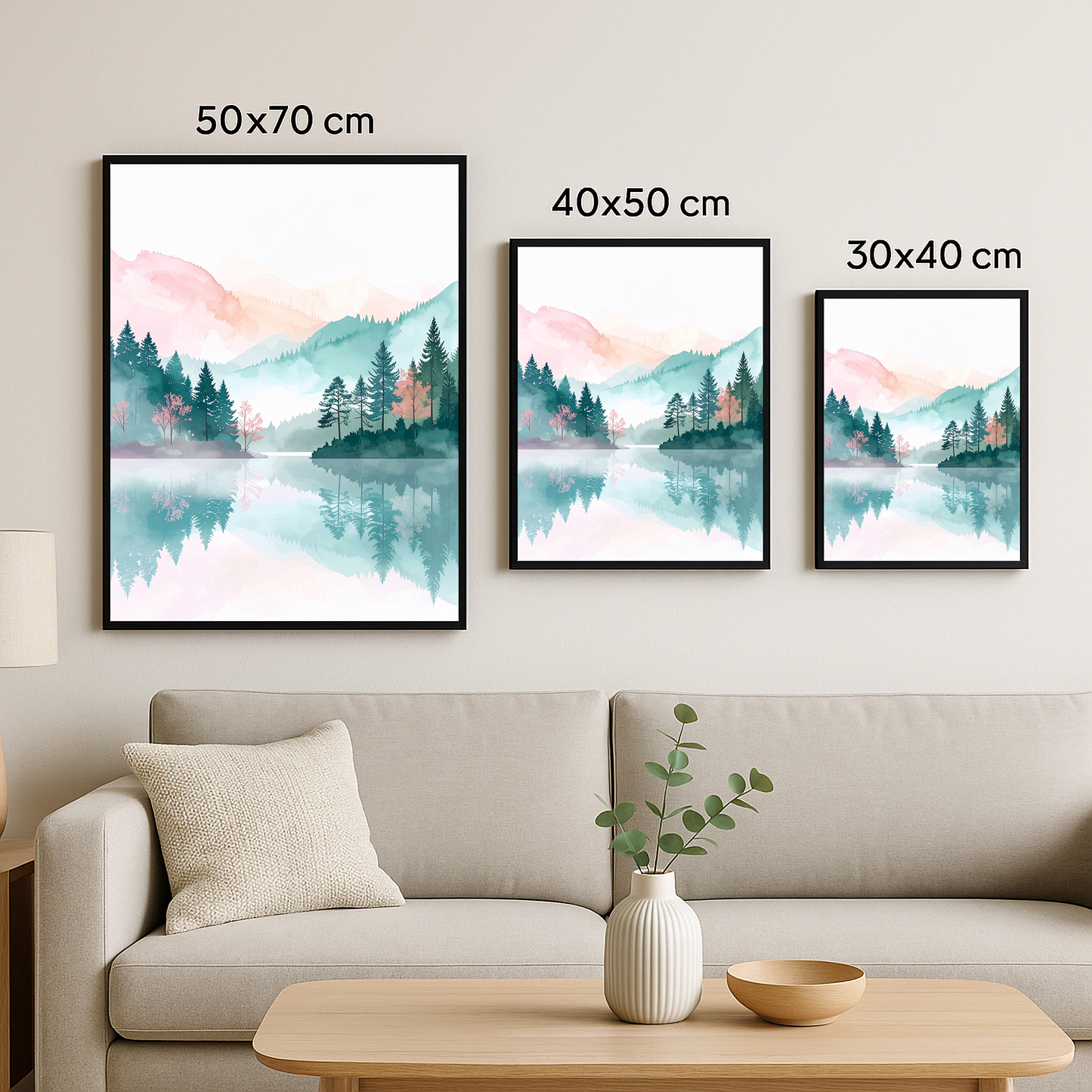 Aynı orman yansıması tablosunun 3 farklı boyutta (50x70, 40x50, 30x40) sunumu.