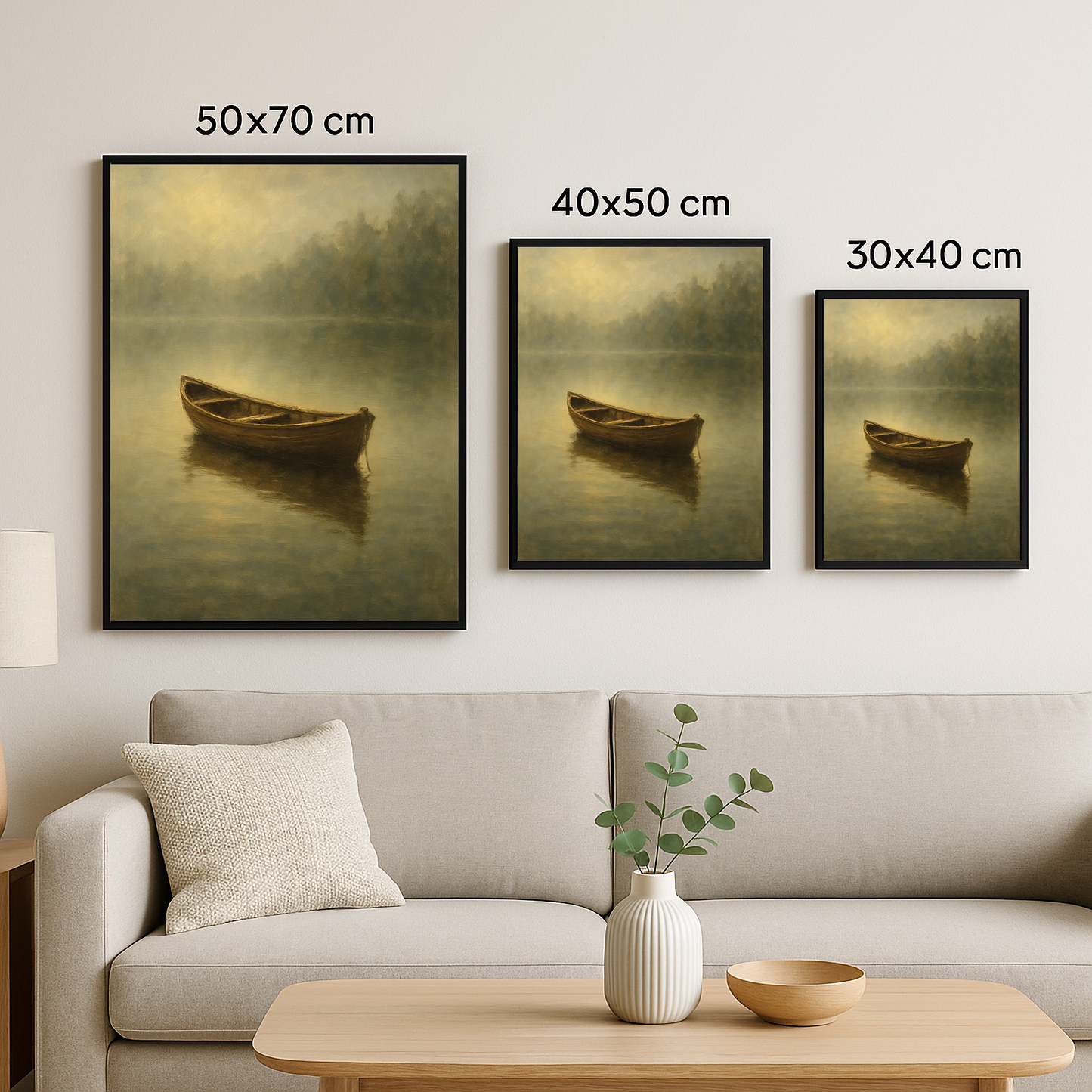 Aynı doğa manzarasının 50x70, 40x50 ve 30x40 cm tablo boyutlarıyla sunulmuş halleri.