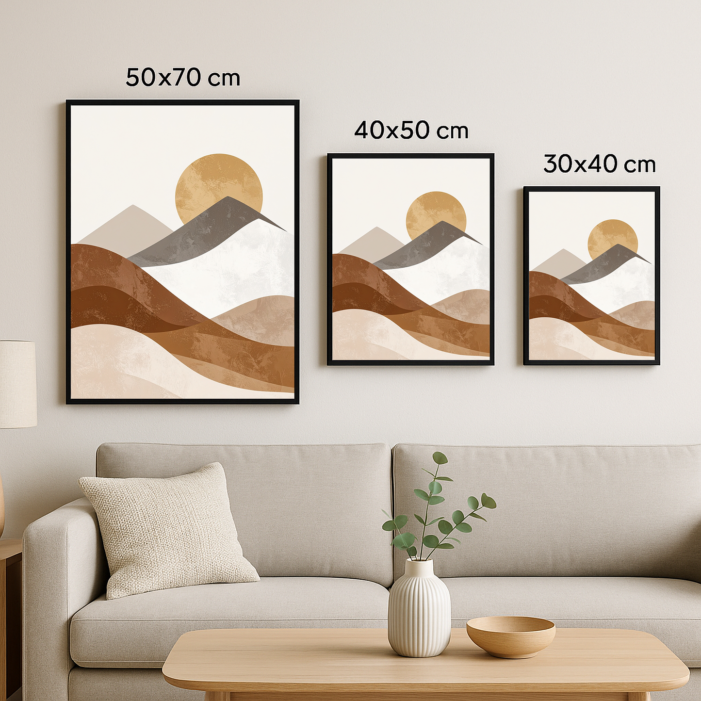 Aynı dağ temalı pastel tablo 3 farklı boyutta (50x70, 40x50, 30x40) yan yana gösteriliyor.