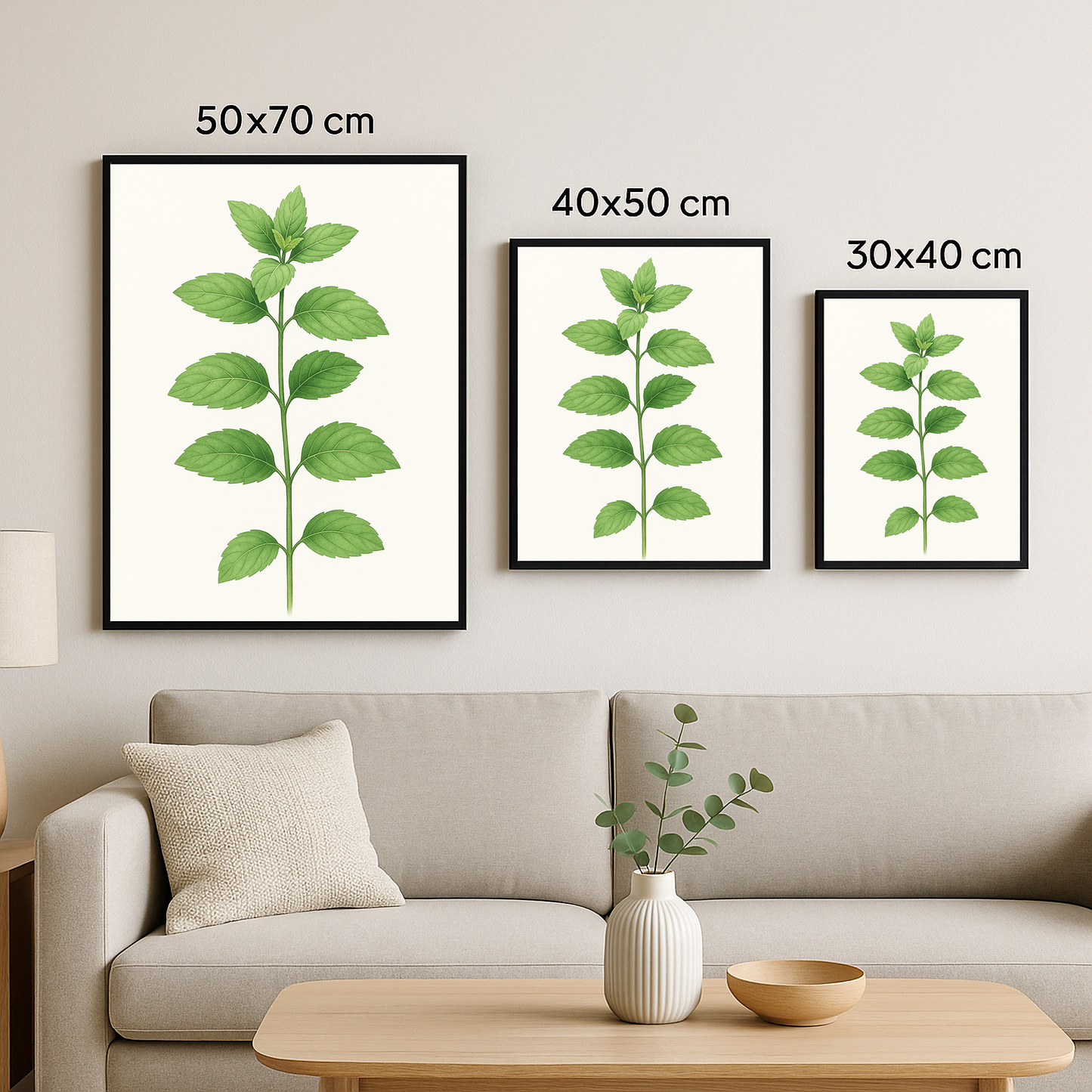 Nane dalı çiziminin 50x70, 40x50 ve 30x40 cm boyutlarında çerçeveli olarak duvarda sergilenişi