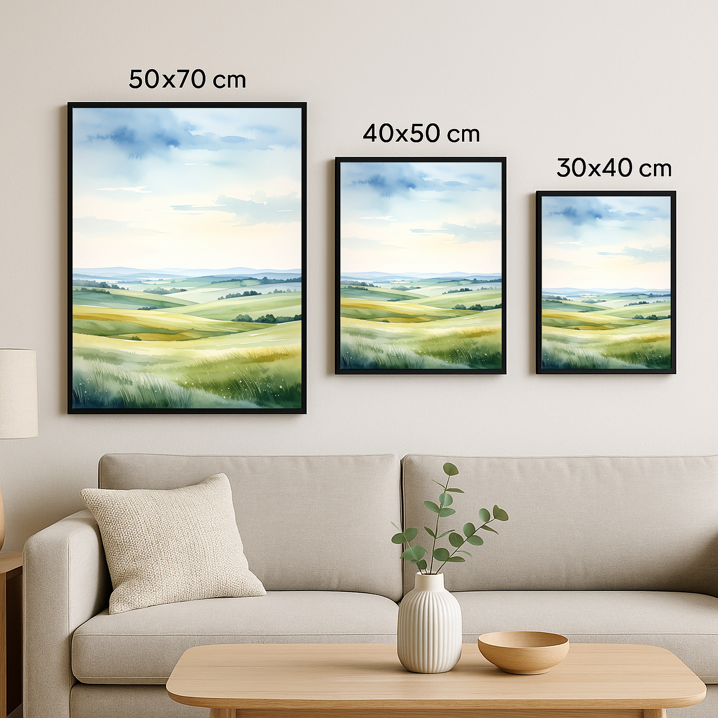 Aynı manzaranın 3 farklı boyutta (50x70, 40x50, 30x40) sergilendiği görsel.