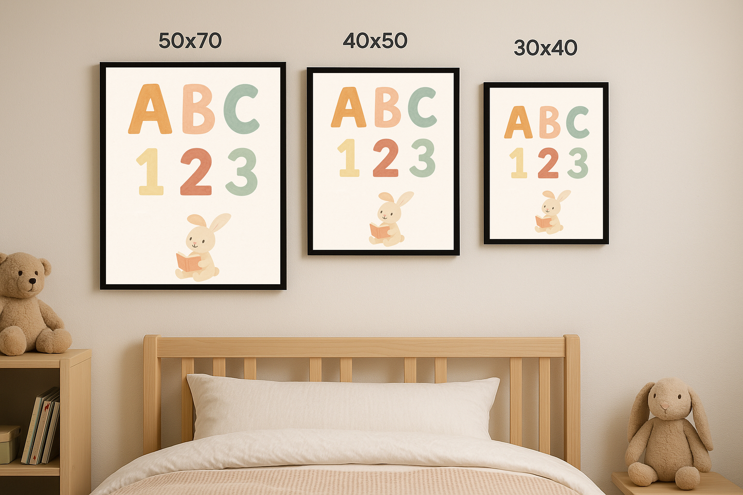 ABC ve 123 figürleri ile oturmuş tavşanın yer aldığı tablo üç farklı boyutta çocuk odası duvarında sergileniyor.