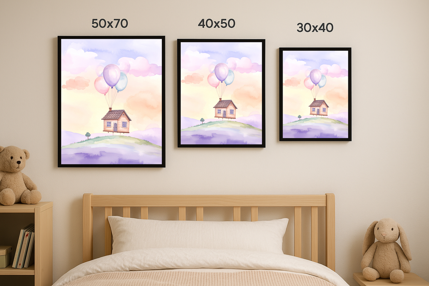 Balonlarla uçan ev illüstrasyonu, üç farklı tablo boyutunda (50x70, 40x50, 30x40) çocuk odası duvarına yan yana yerleştirilmiş.
