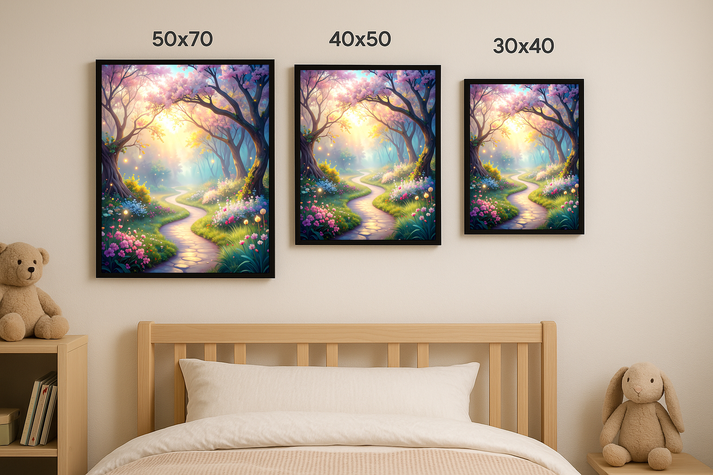 Parlak çiçekli masal ormanı temalı tablo, 50x70, 40x50 ve 30x40 ebatlarında bir arada duvara yerleştirilmiş.