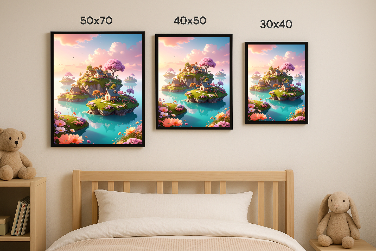 Masalsı yüzen ada kompozisyonu, 50x70, 40x50 ve 30x40 boyutlarında çerçevelenmiş olarak duvarda sıralanmış.