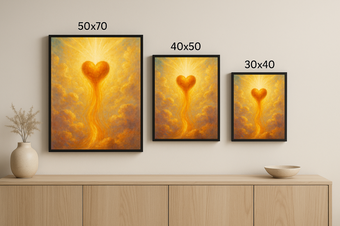 “Işıktan Kalp” tablosu, 50x70, 40x50 ve 30x40 cm boyutlarında sunuluyor. Üç farklı çerçeve boyutunda ilahi bir sevgi teması işleniyor.
