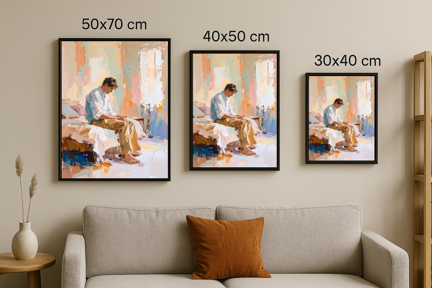 Aynı tablonun 3 farklı boyutta (50x70, 40x50, 30x40) duvara asılı görünümü.