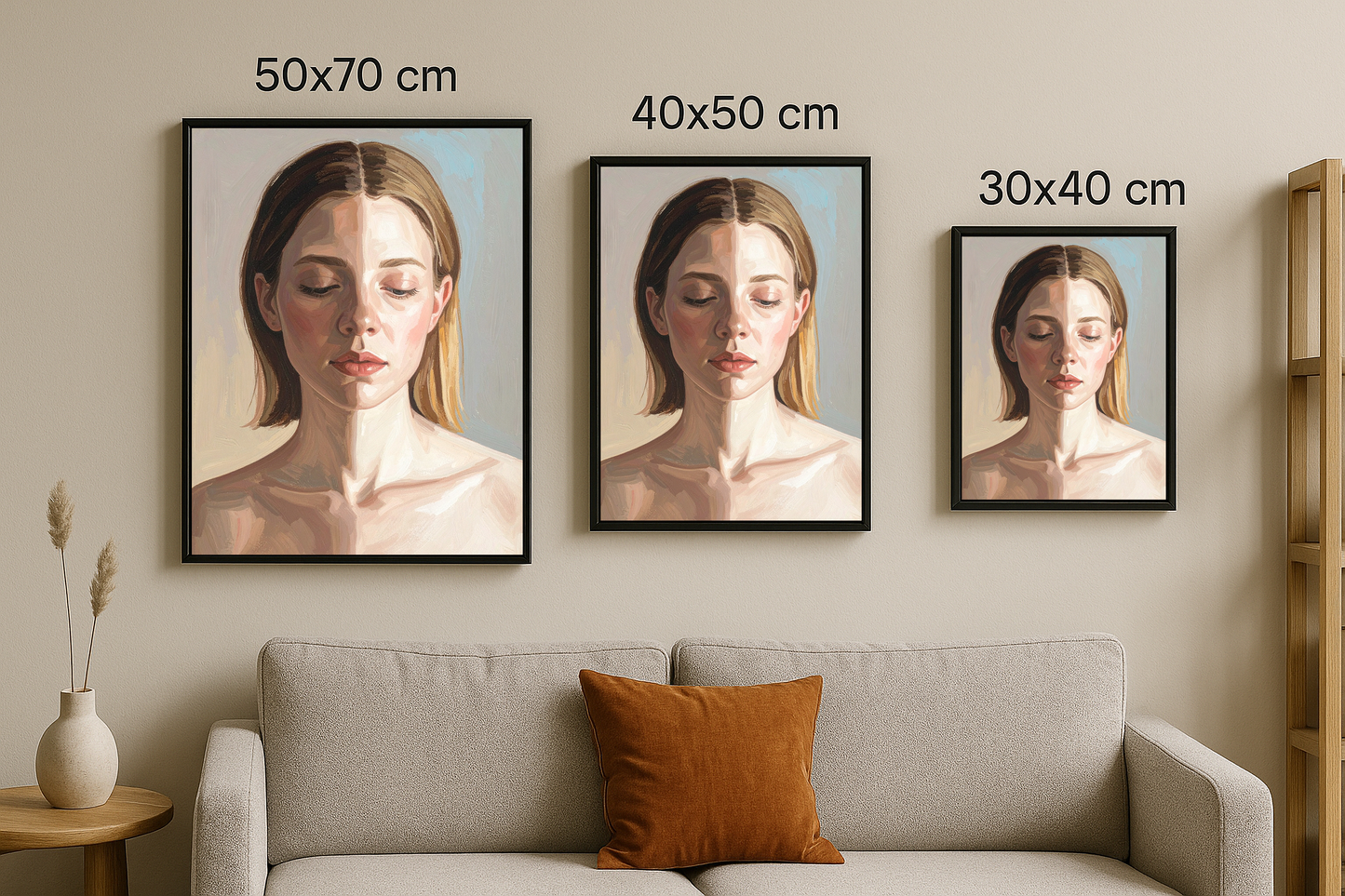 Portre tasarımının 3 farklı boyutta (50x70, 40x50, 30x40) yan yana gösterimi.