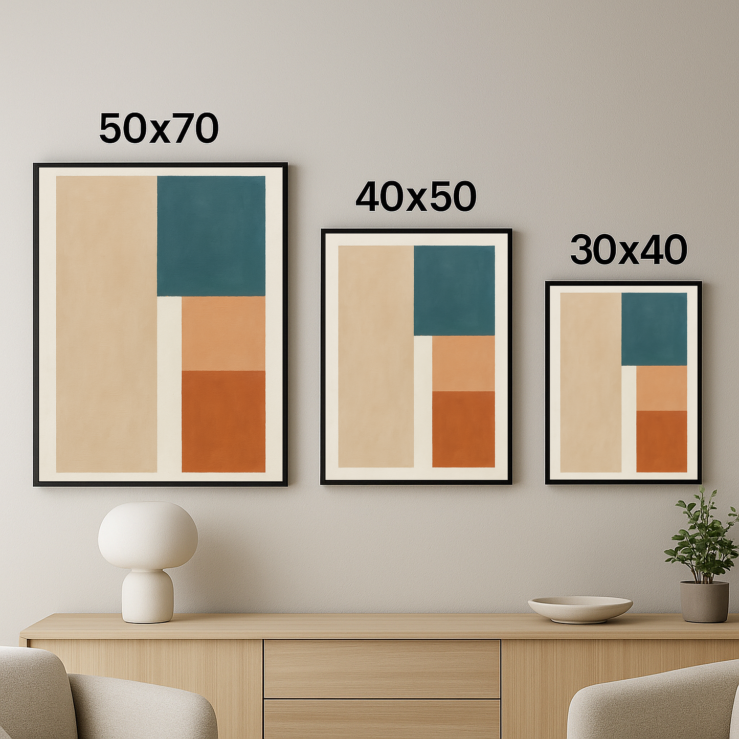 50x70, 40x50 ve 30x40 boyutlarında çerçevelenmiş, pastel renk blokları içeren geometrik tablo seti.