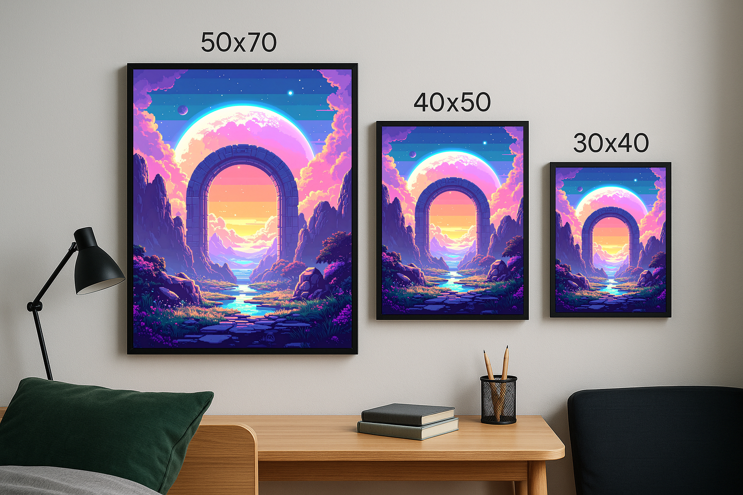 Kapının Ötesi tablosunun üç farklı boyutta (50x70, 40x50, 30x40) sergilendiği, genç odası dekorasyonu.