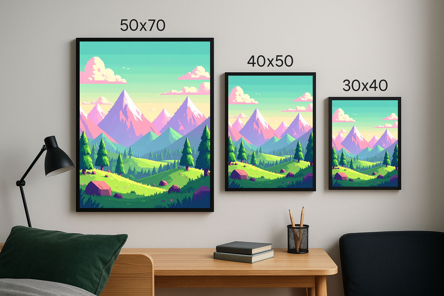 Sessiz Zirveler tablosunun 50x70, 40x50 ve 30x40 boyutlarının birlikte sergilendiği dijital manzara düzeni.