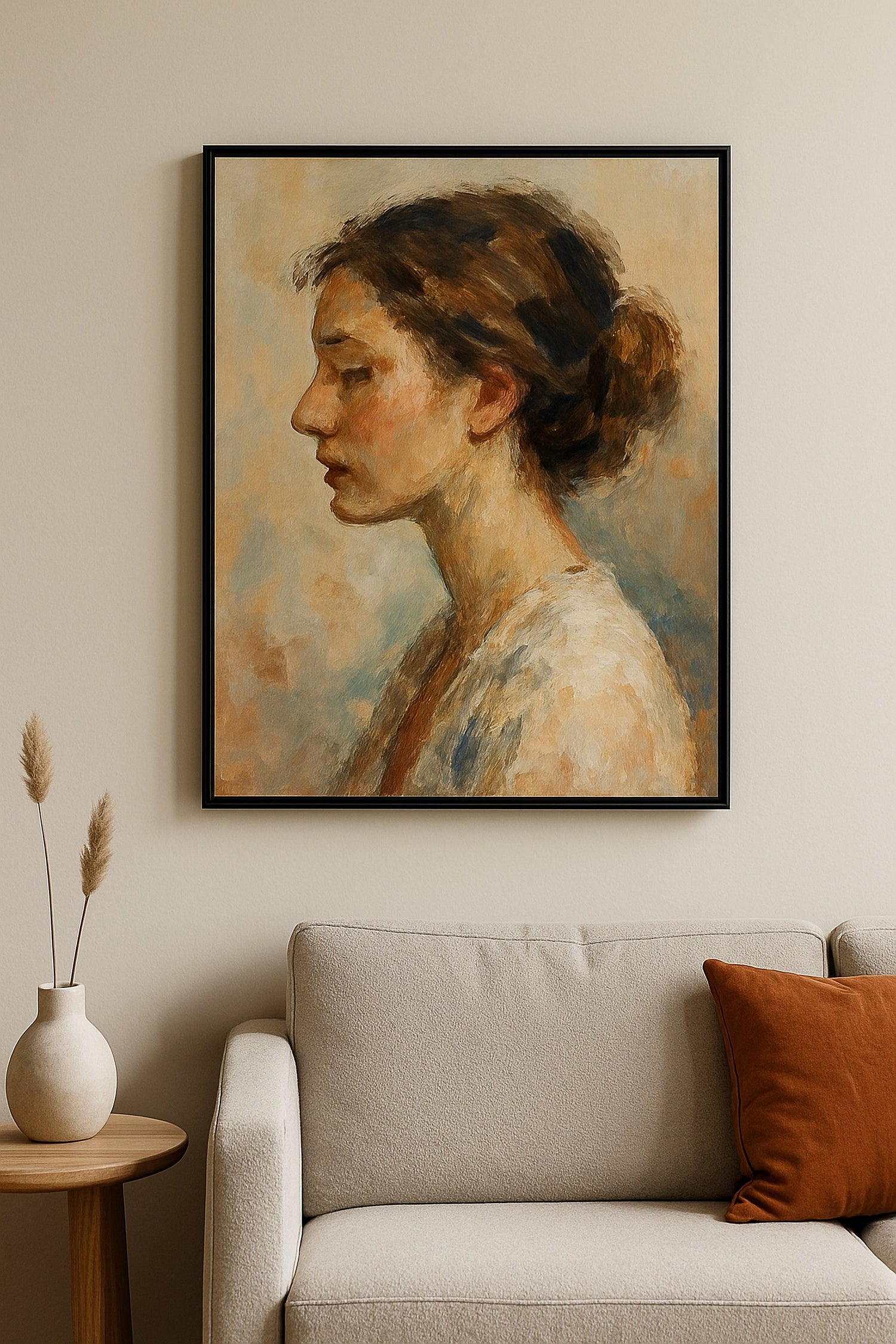 Duygusal ifade taşıyan pastel tonlu insan portresi içeren dekoratif duvar tabloları.