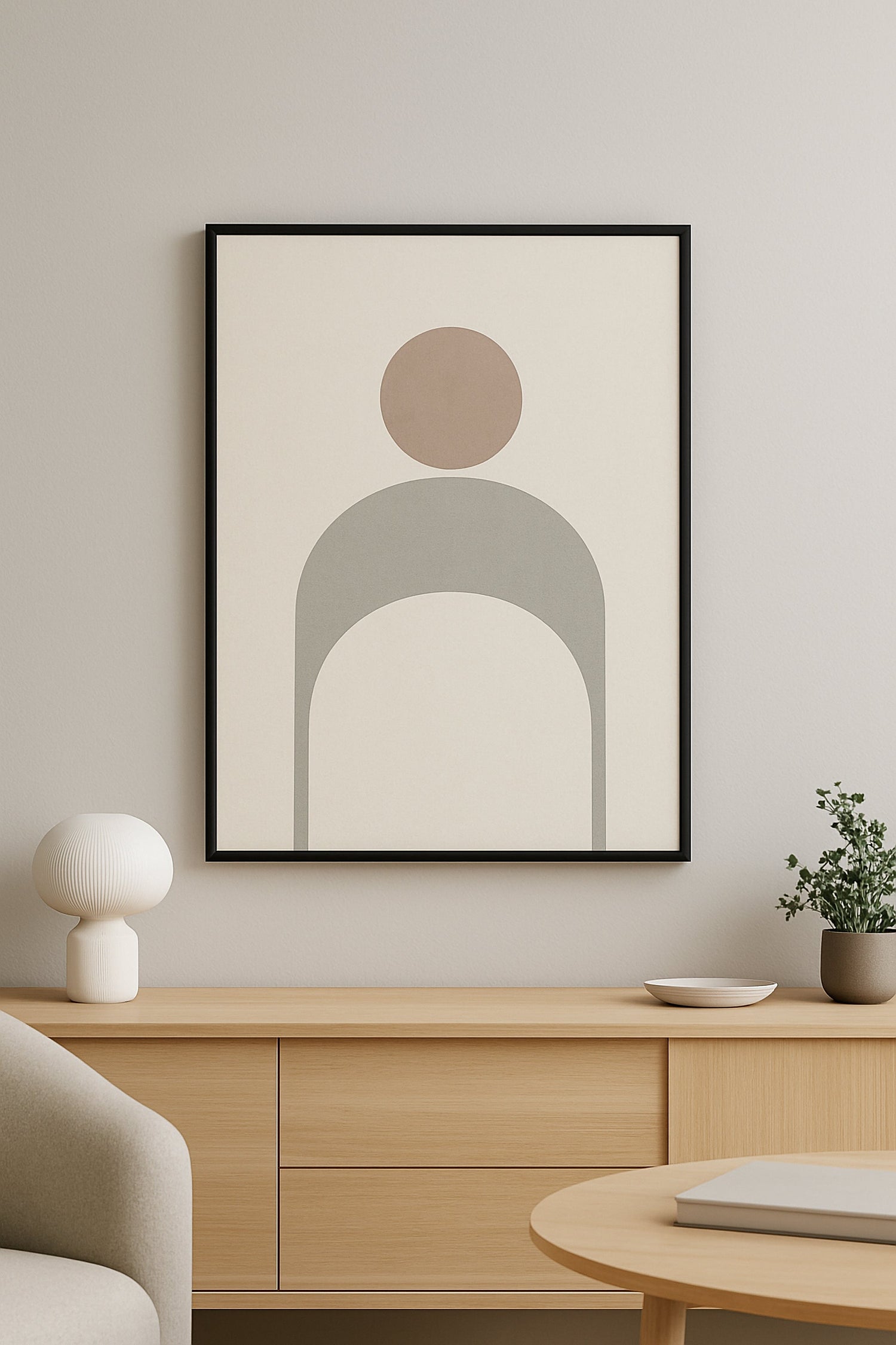 Geometrik çizgilerle oluşturulmuş, pastel renkli minimal duvar tabloları.
