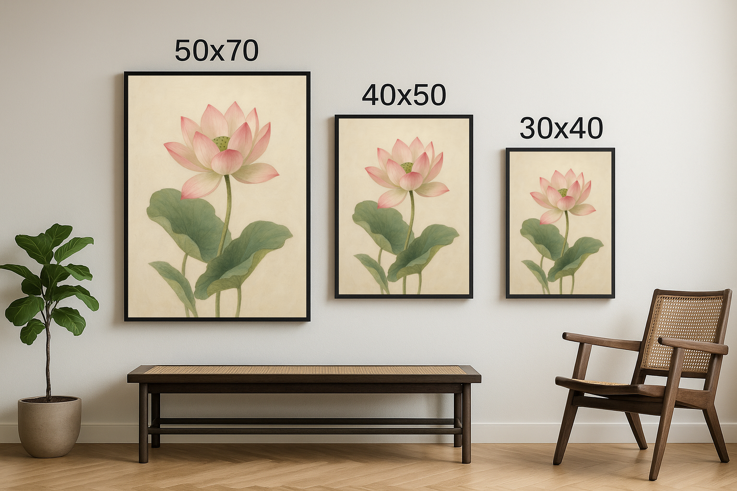 30x40, 40x50 ve 50x70 boyutlarındaki çerçeveli versiyonlarıyla sunulan pembe lotus çiçeği ve yapraklı tablo seti.