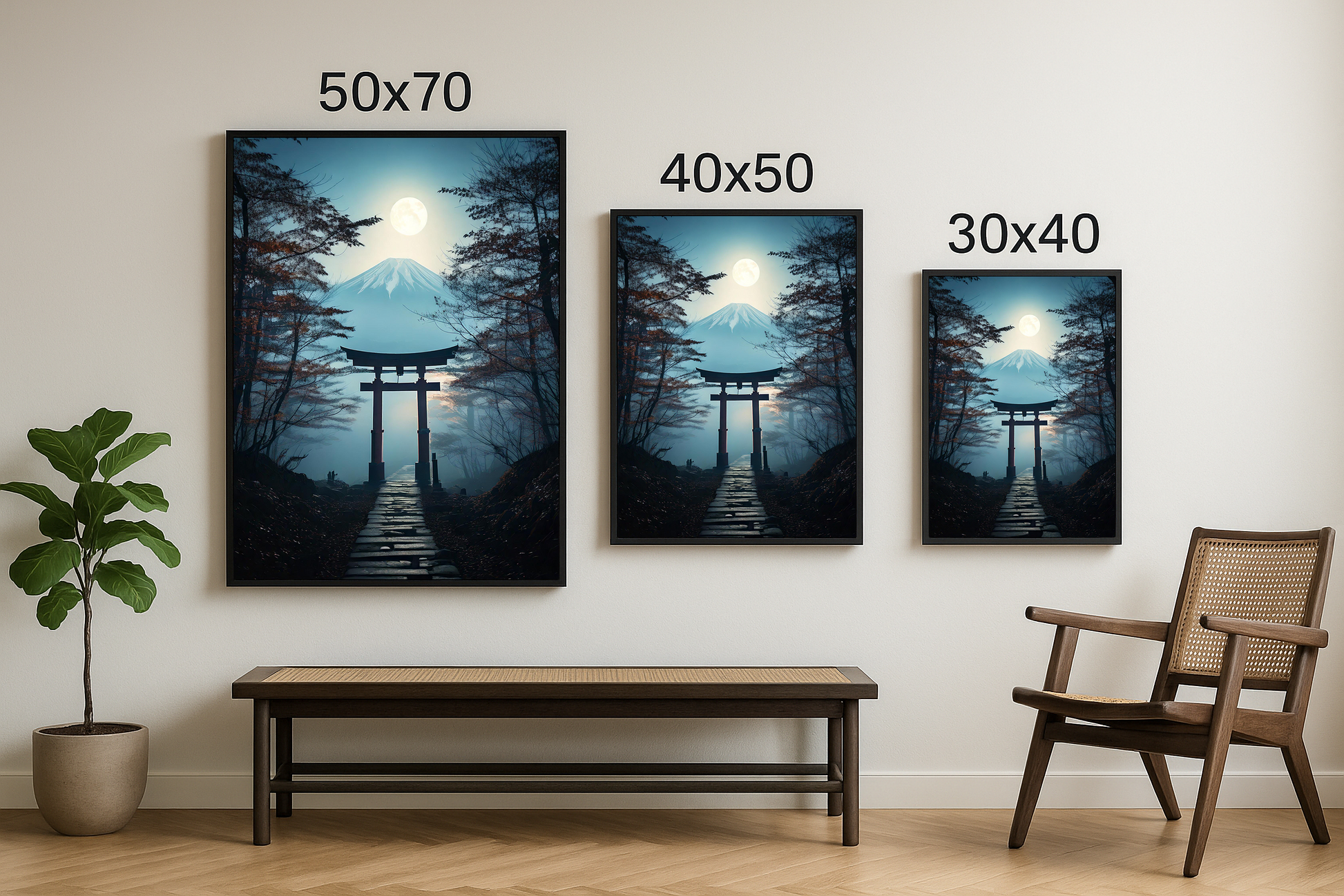 50x70, 40x50 ve 30x40 boyutlarında sunulan torii kapısı ve Fuji Dağı temalı tablo seti.