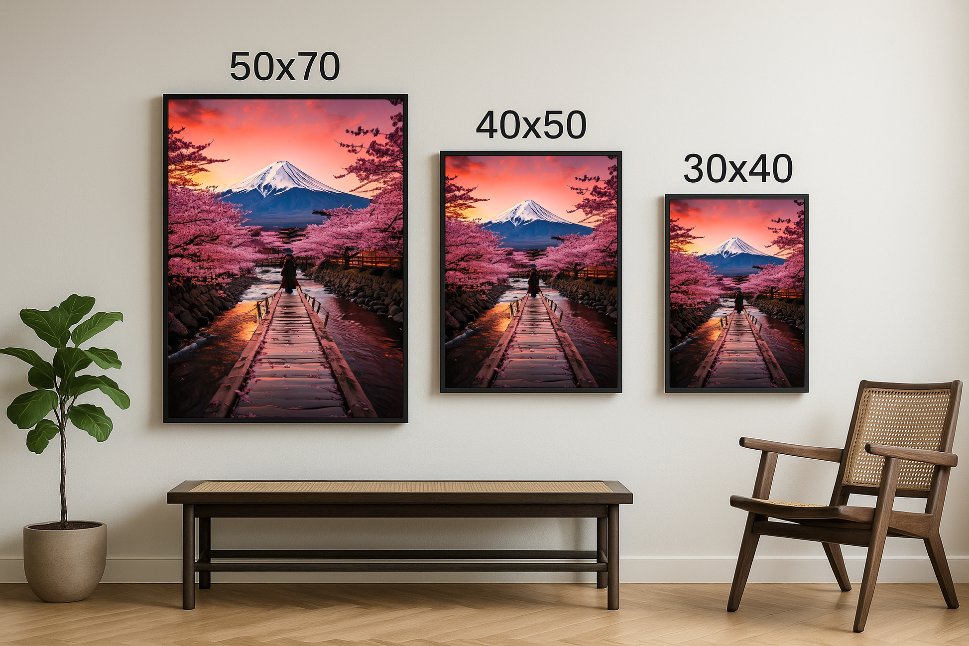 50x70, 40x50 ve 30x40 boyutlarında sunulan “Kadim Dağın İzinde” isimli Fuji Dağı ve kiraz çiçekli tablo seti.