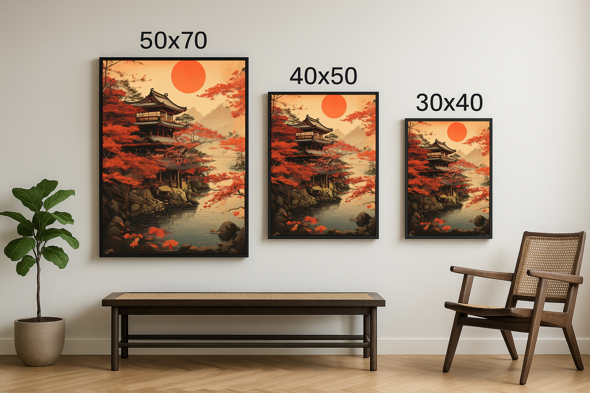 Kızıl yapraklı Japon manzarası tablosunun 50x70, 40x50 ve 30x40 boyut seçenekleriyle gösterimi