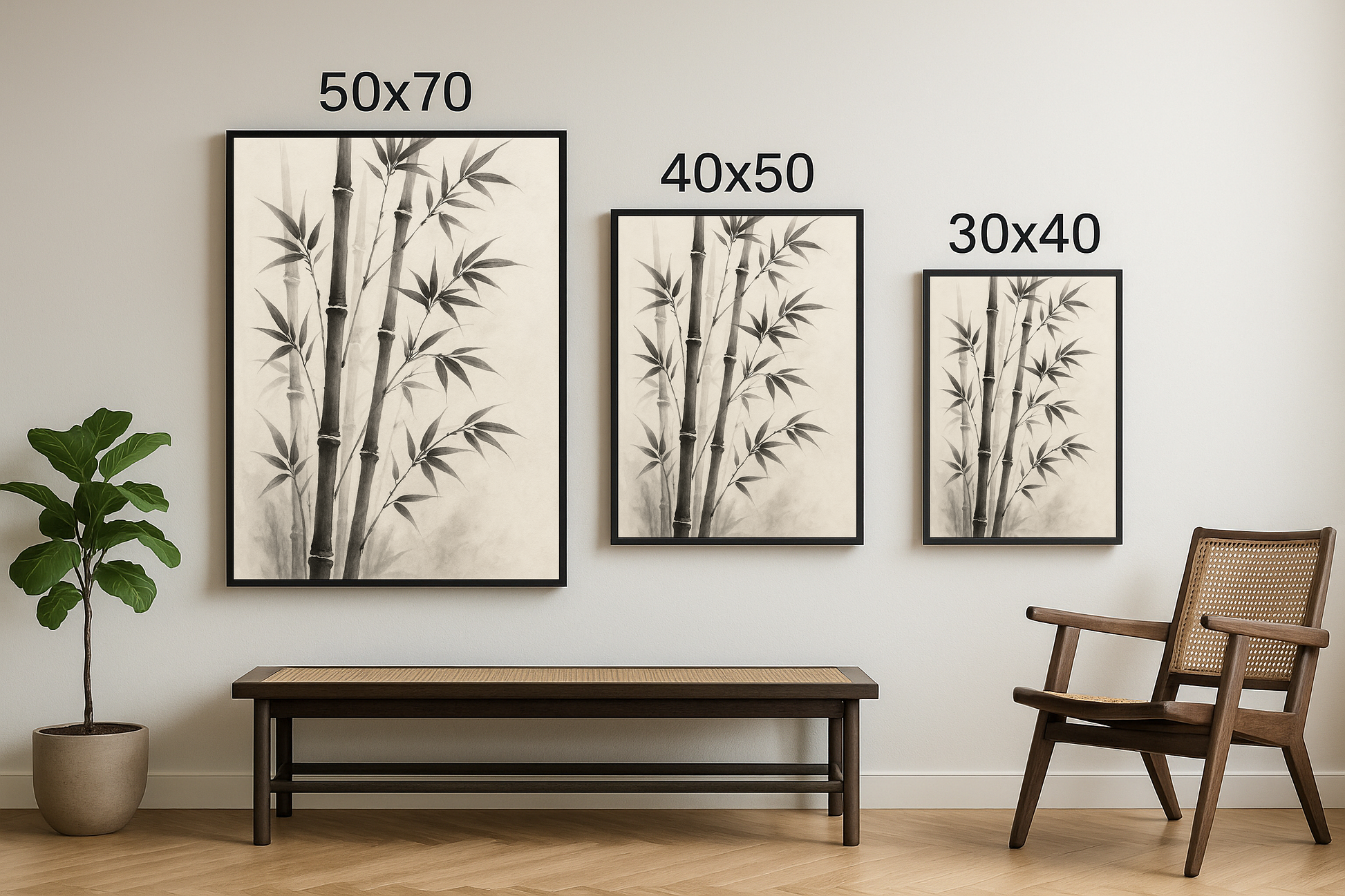 30x40, 40x50 ve 50x70 boyutlarındaki çerçevelerde sunulan siyah beyaz bambu illüstrasyon tablo seti.