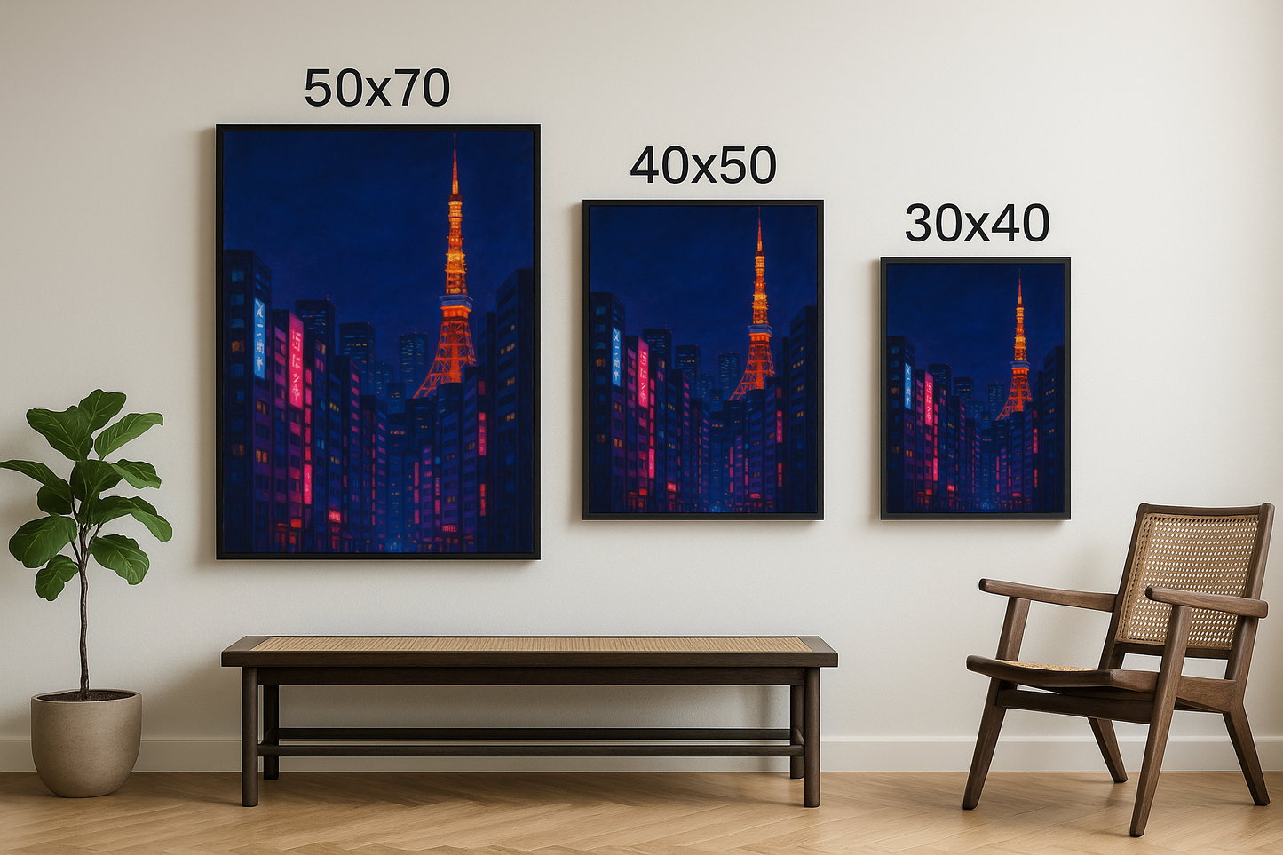 30x40, 40x50 ve 50x70 boyutlarında çerçevelenmiş Tokyo şehir manzaralı gece temalı tablo seti.