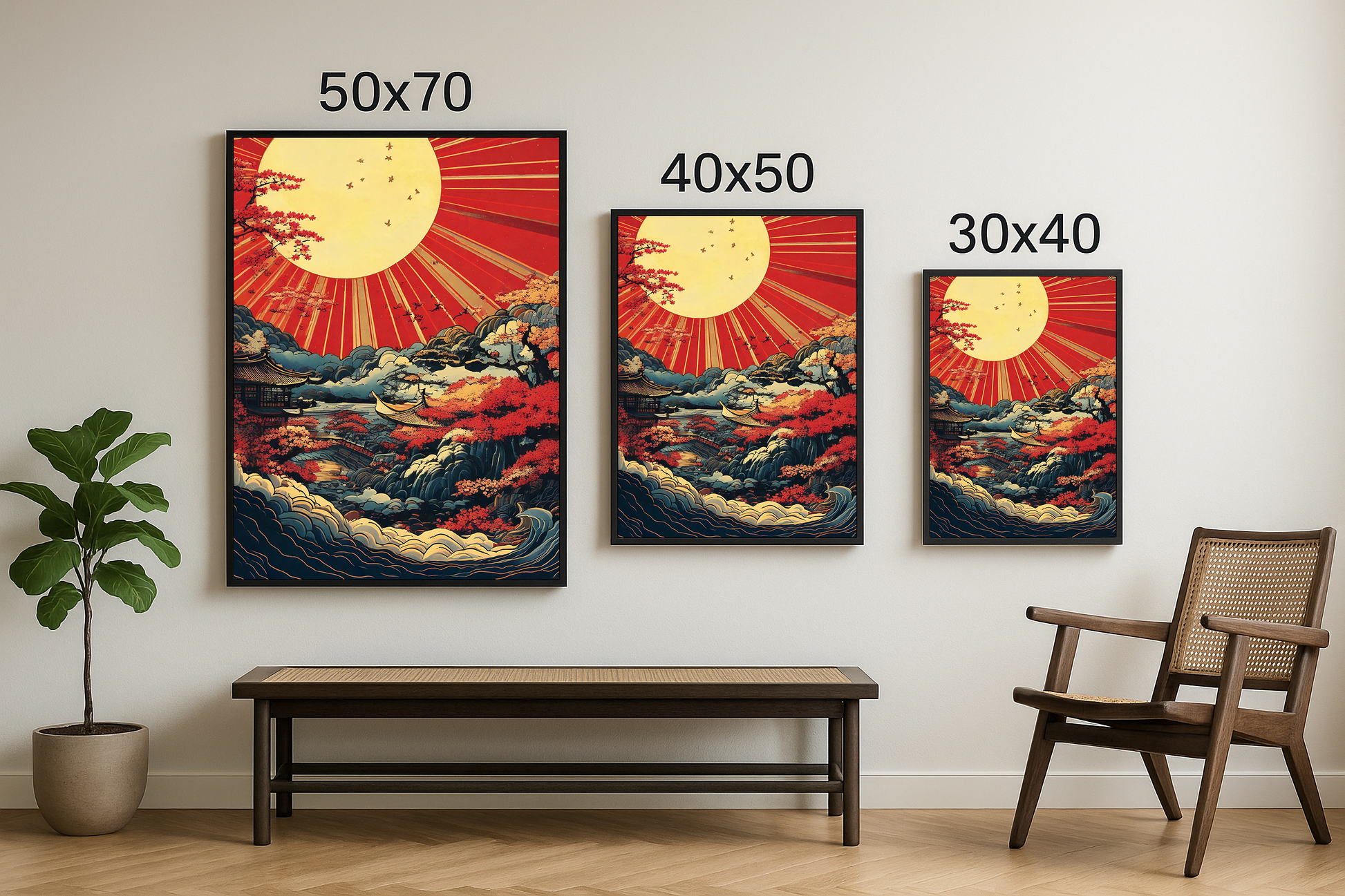 Geleneksel Japon tarzında hazırlanmış, kırmızı güneş temalı doğa manzarası içeren çerçeveli tablo; 50x70, 40x50 ve 30x40 cm boyutlarında duvarda sergilenmiş şekilde.