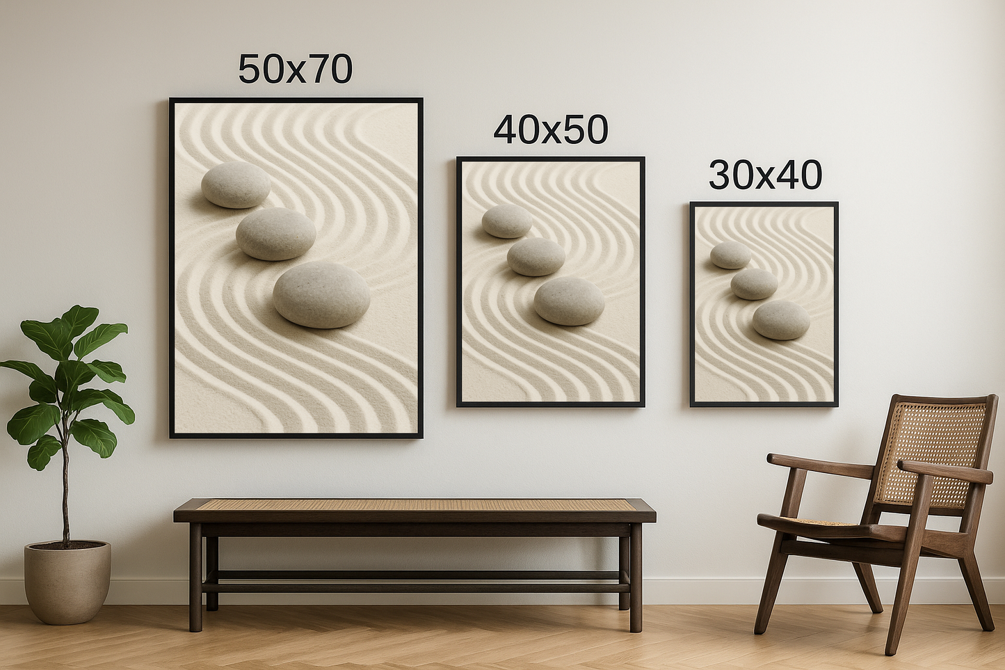 30x40, 40x50 ve 50x70 boyutlarında çerçevelenmiş Zen bahçesi tarzı taş ve kum desenli tablo seti.