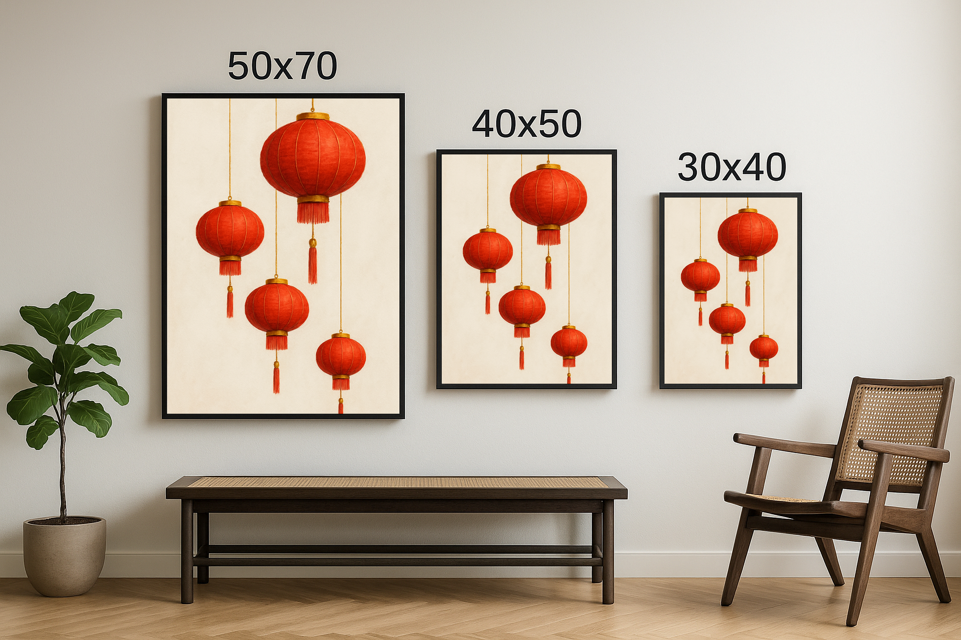 30x40, 40x50 ve 50x70 boyutlarında çerçevelenmiş, farklı boyutlarda asılmış kırmızı Çin fenerleriyle süslenmiş dekoratif tablo seti.