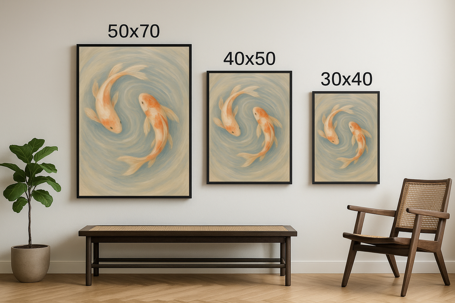 30x40, 40x50 ve 50x70 boyutlarındaki çerçevelerde sunulan koi balıklı dekoratif tablo seti.
