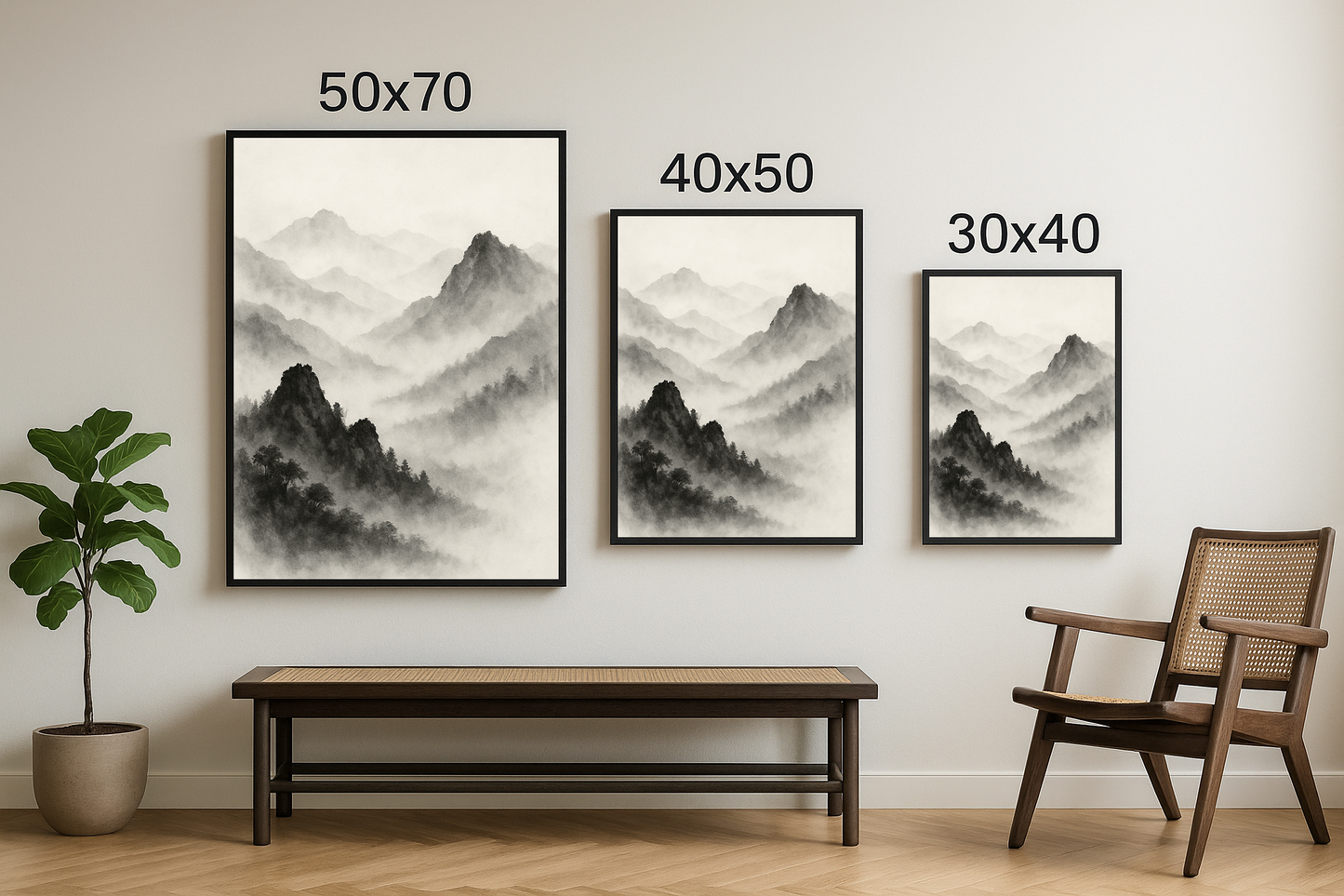 30x40, 40x50 ve 50x70 boyutlarında çerçevelenmiş sisler arasında kaybolan dağ siluetleri içeren tablo seti.