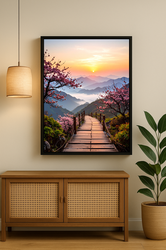 Kiraz çiçekleri, sakura ve dağ manzaralı tablo, ahşap konsol üzerinde modern bir iç mekanda sergileniyor.
