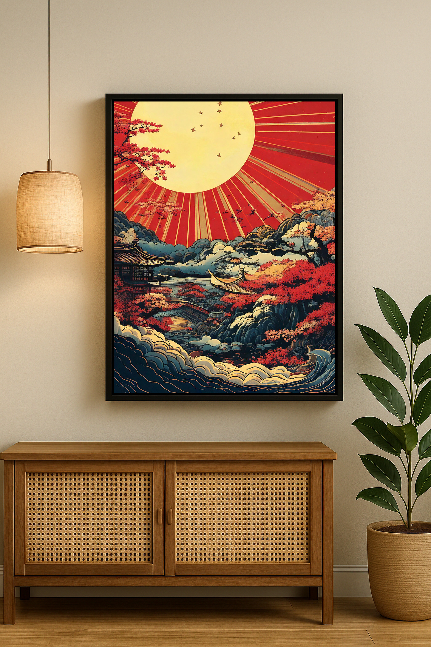 Geleneksel Japon sanat stilinde, kırmızı güneşin doğuşunu betimleyen dalgalı deniz ve orman detaylı çerçeveli tablo.