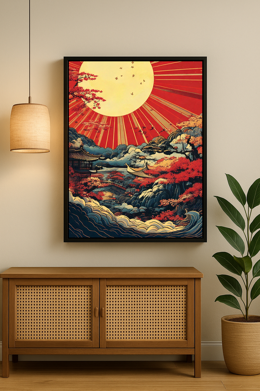 Geleneksel Japon sanat stilinde, kırmızı güneşin doğuşunu betimleyen dalgalı deniz ve orman detaylı çerçeveli tablo.
