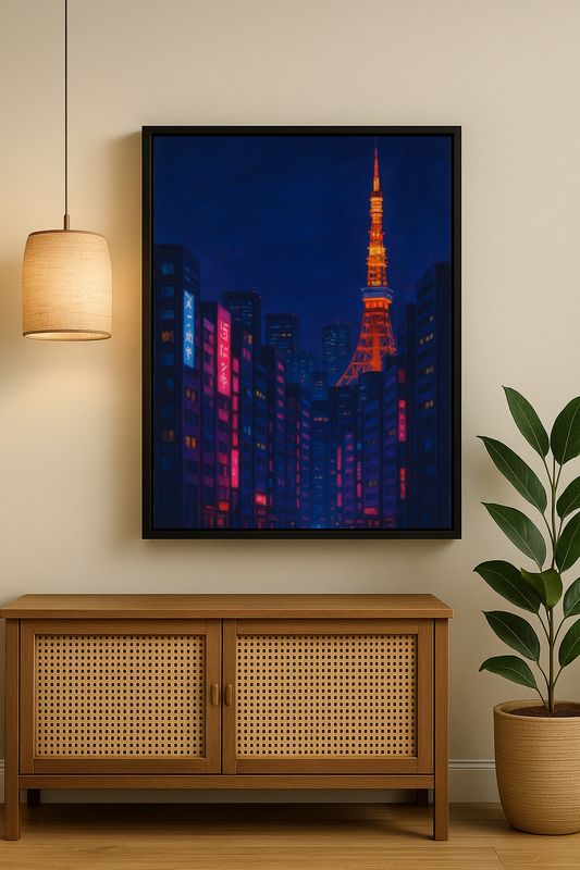 Tokyo Kulesi ve çevresindeki neon tabelalı gökdelenleri gösteren gece manzaralı modern şehir tablosu.