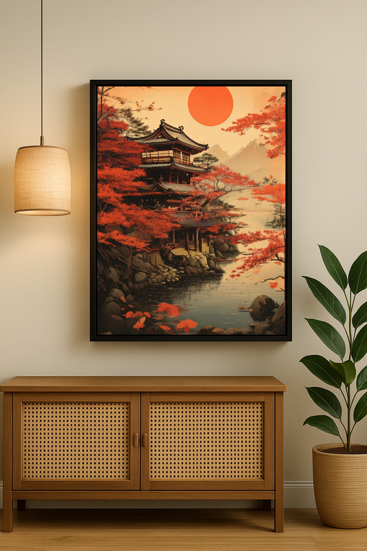 Kırmızı yapraklı ağaçlar arasında geleneksel Japon evi ve göl manzarası