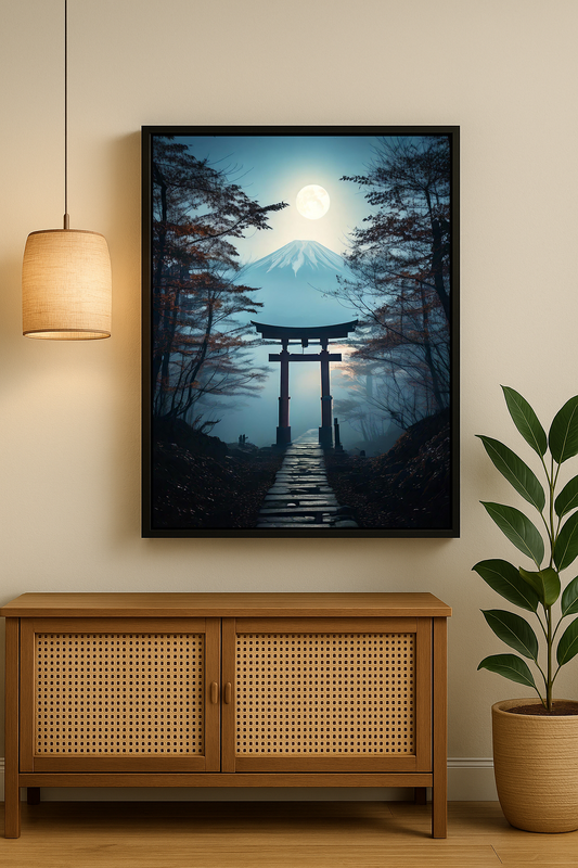 Ay ışığı altında torii kapısı ve Fuji Dağı’nı gösteren Japon tarzı tablo.