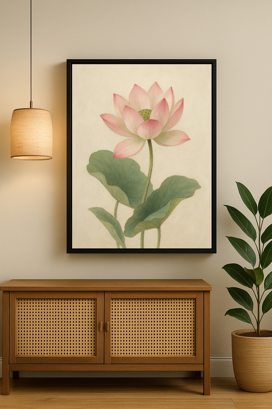 Bej arka plan üzerinde pembe lotus çiçeği ve büyük yeşil yapraklar bulunan, geleneksel Asya temalı tablo.