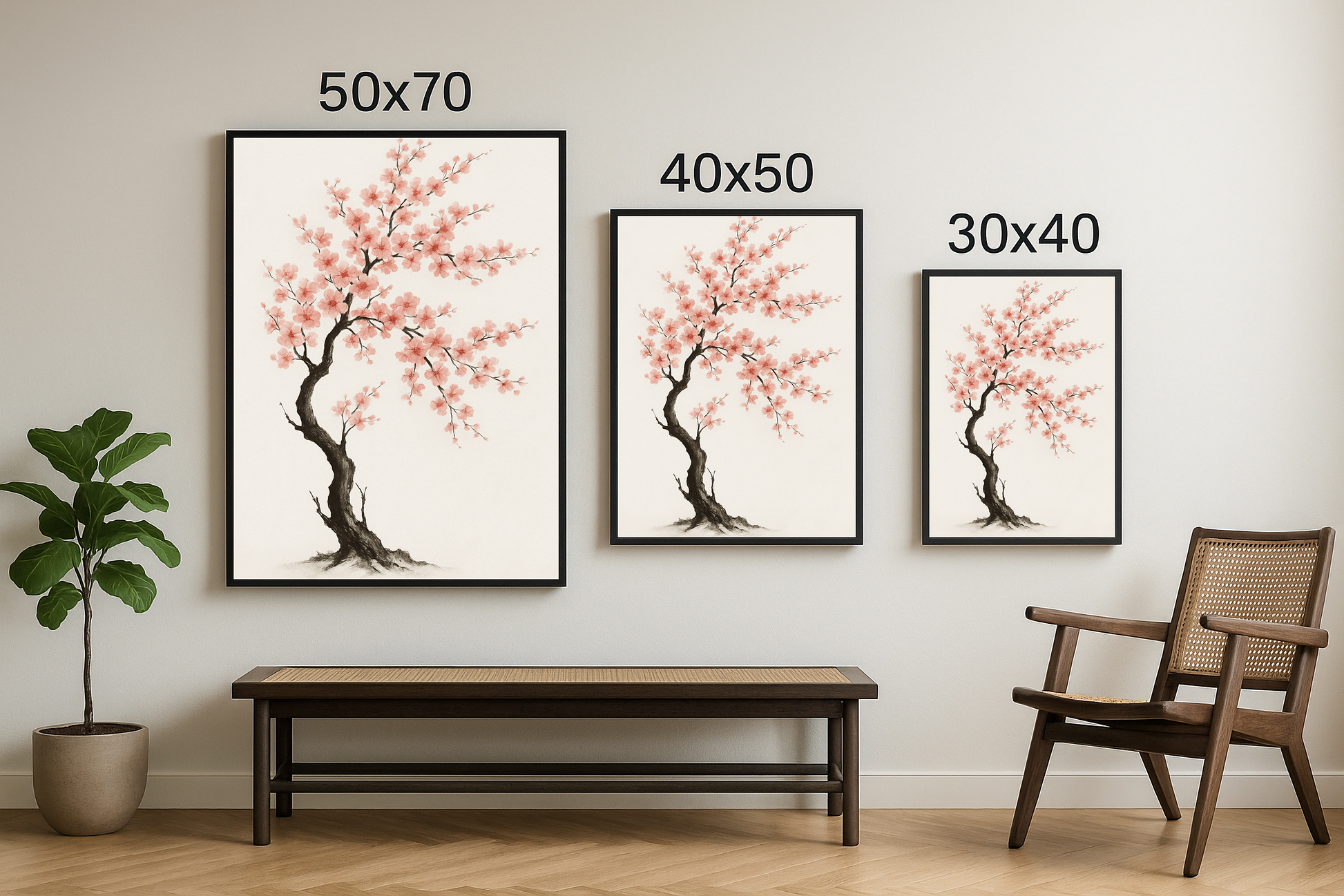 30x40, 40x50 ve 50x70 boyutlarında çerçevelenmiş kiraz ağacı illüstrasyon tablo seti.
