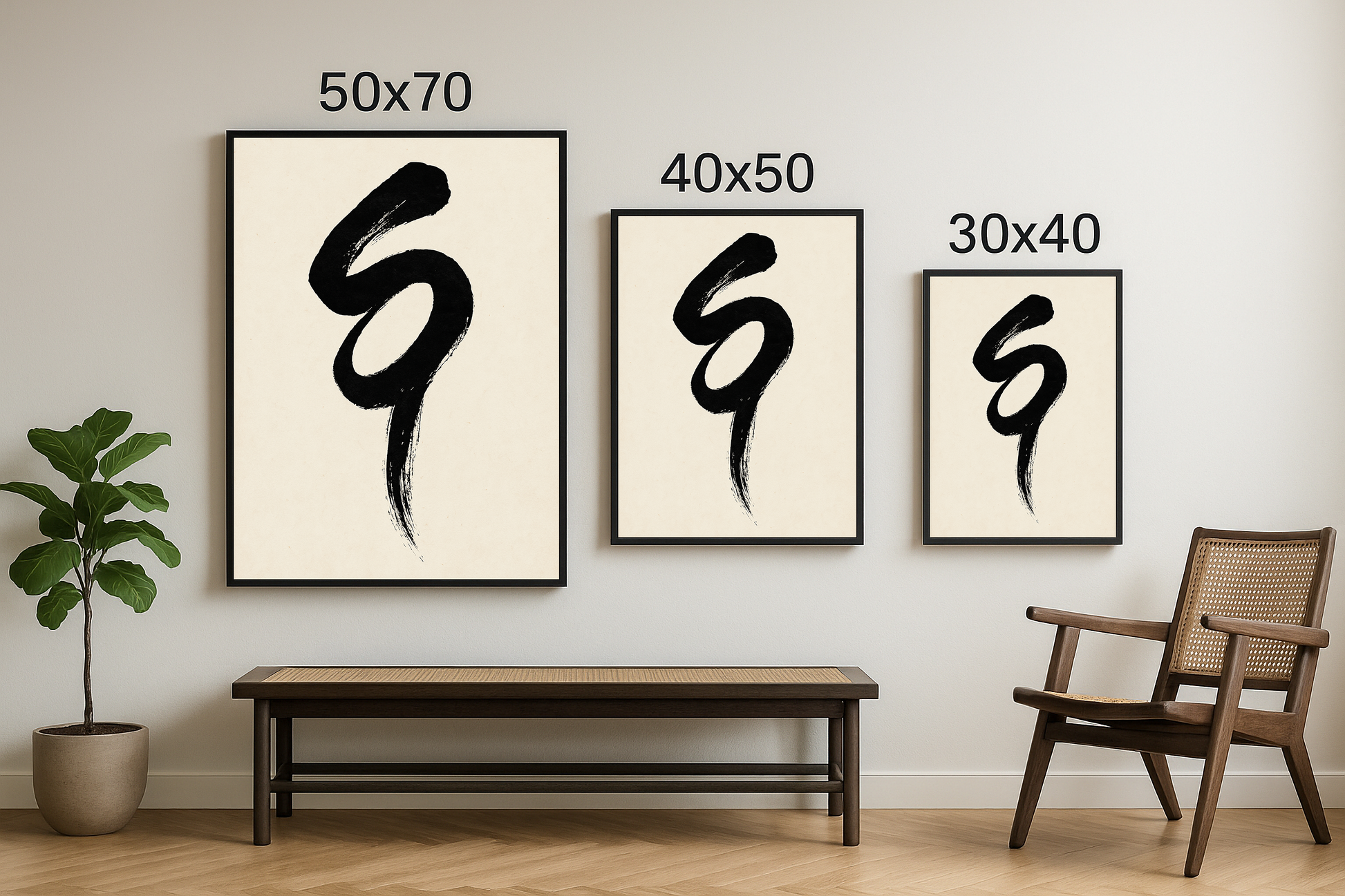 30x40, 40x50 ve 50x70 boyutlarında çerçevelenmiş soyut kaligrafi sanatını yansıtan tablo seti.