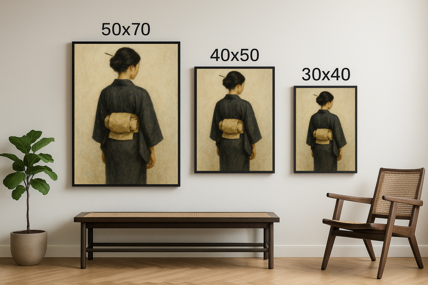 30x40, 40x50 ve 50x70 boyutlarında çerçevelenmiş, kimono giymiş kadını gösteren Asya portre tablo seti.