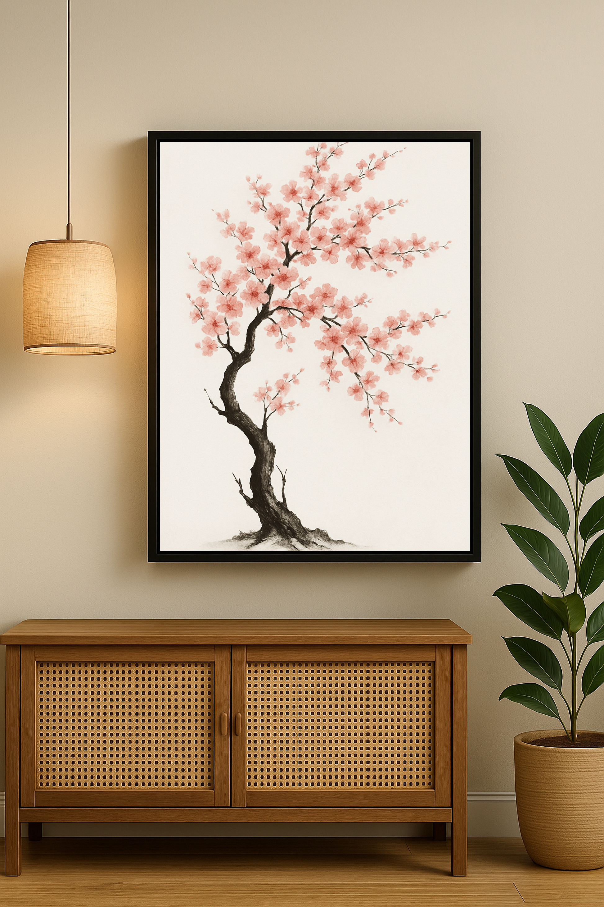 Pembe çiçekli Japon kiraz ağacını betimleyen sade ve zarif Asya tarzı tablo.