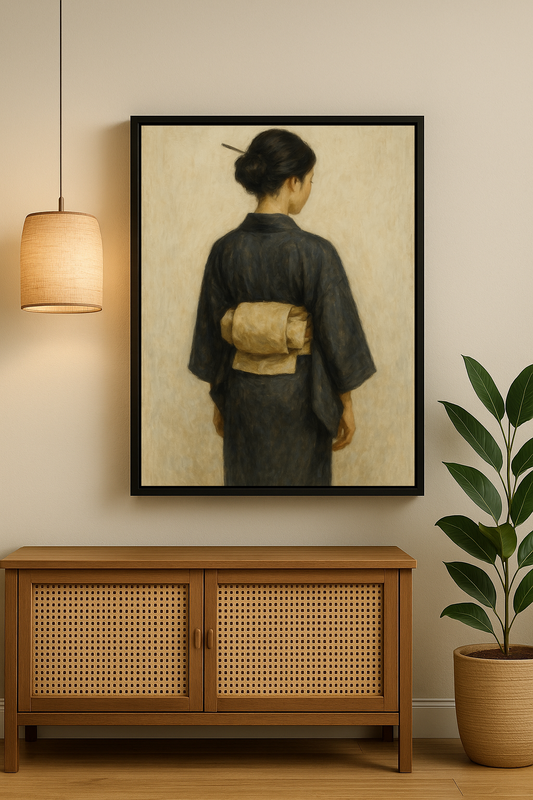Kimono giymiş Japon kadının arkadan betimlendiği geleneksel tarzda portre tablo.