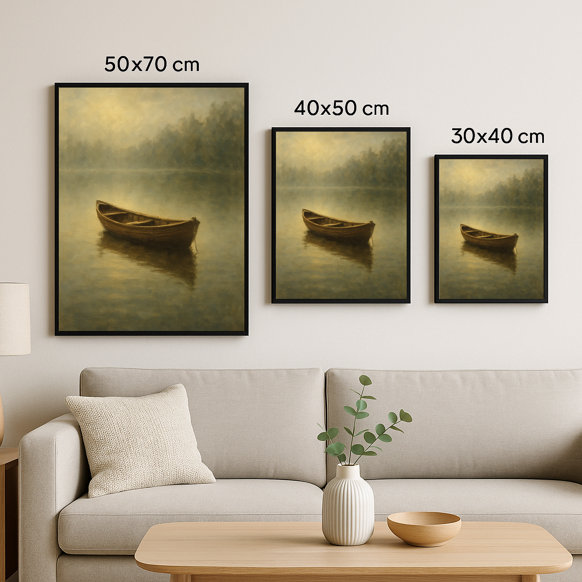 Aynı doğa manzarasının 50x70, 40x50 ve 30x40 cm tablo boyutlarıyla sunulmuş halleri.