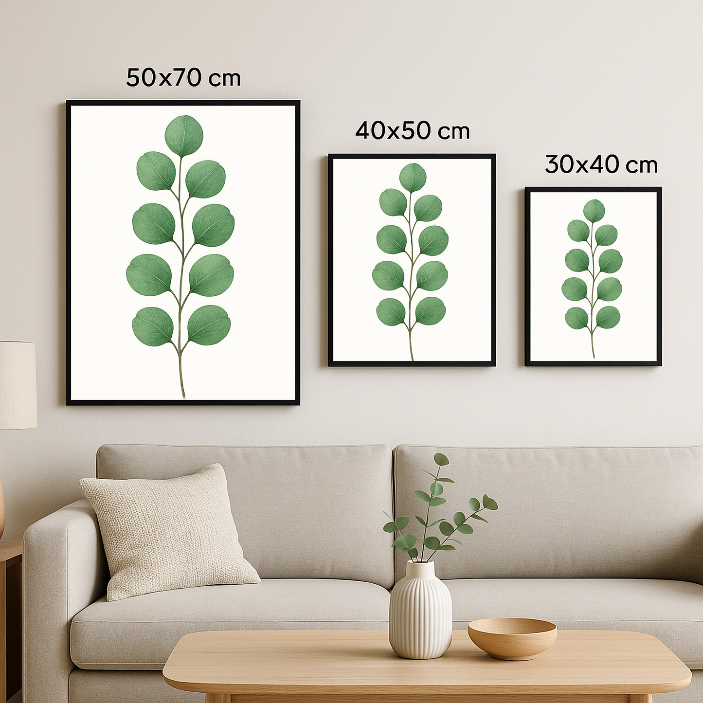 Yuvarlak yapraklı minimalist bitki tasarımının yer aldığı üç farklı boyuttaki tablo (50x70, 40x50, 30x40) bej tonlarında bir oturma odası duvarında yan yana sergileniyor.
