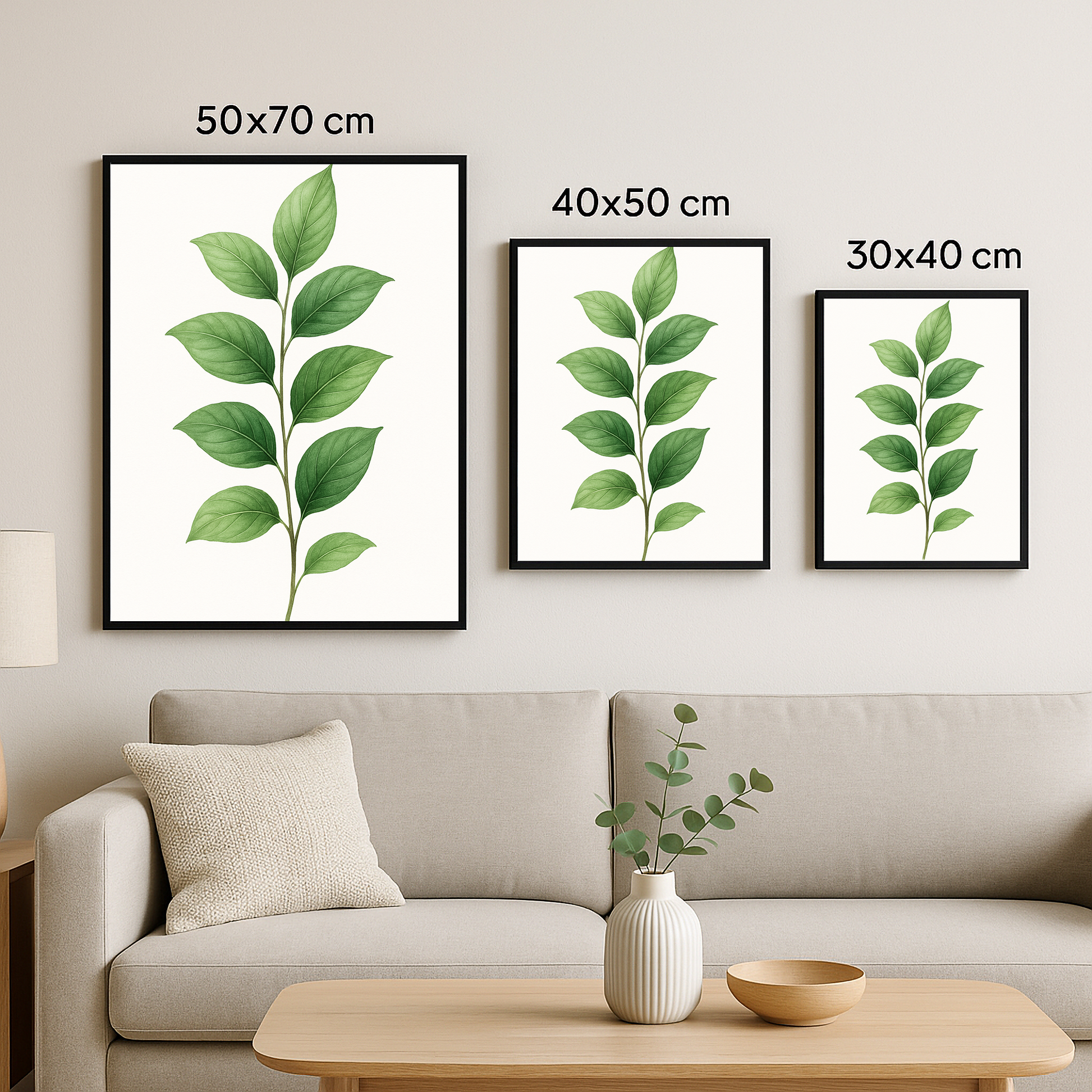Yeşilin Ritmi tablosunun 50x70 cm, 40x50 cm ve 30x40 cm çerçeveli üç boyutunun bir arada sergilendiği görsel.