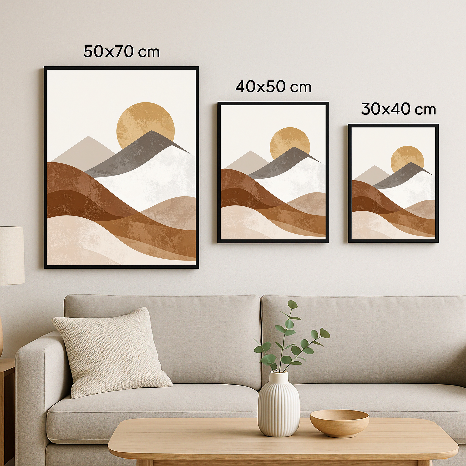 Aynı dağ temalı pastel tablo 3 farklı boyutta (50x70, 40x50, 30x40) yan yana gösteriliyor.