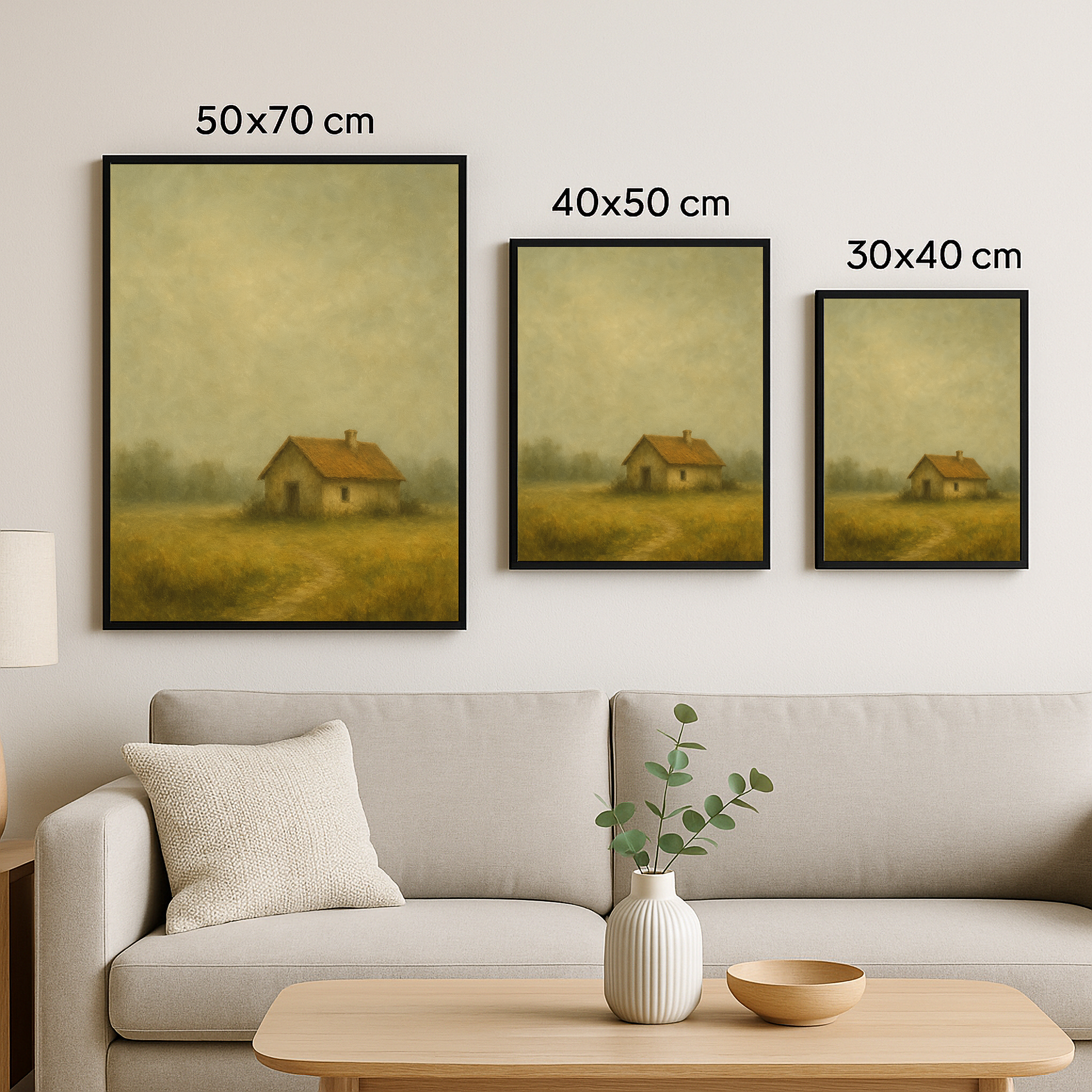 “Sisli Tarlada Sessizlik” eserimiz; 50x70 cm, 40x50 cm ve 30x40 cm olmak üzere üç farklı boyutta sunulmaktadır. Her biri aynı huzurlu manzarayı taşırken, farklı alanlara ve ihtiyaçlara özel ölçü seçenekleriyle yaşam alanınıza uyum sağlar. İster tek başına büyük bir odak noktası olarak, ister diğer boyutlarla birlikte dekoratif bir set halinde kullanabilirsiniz.