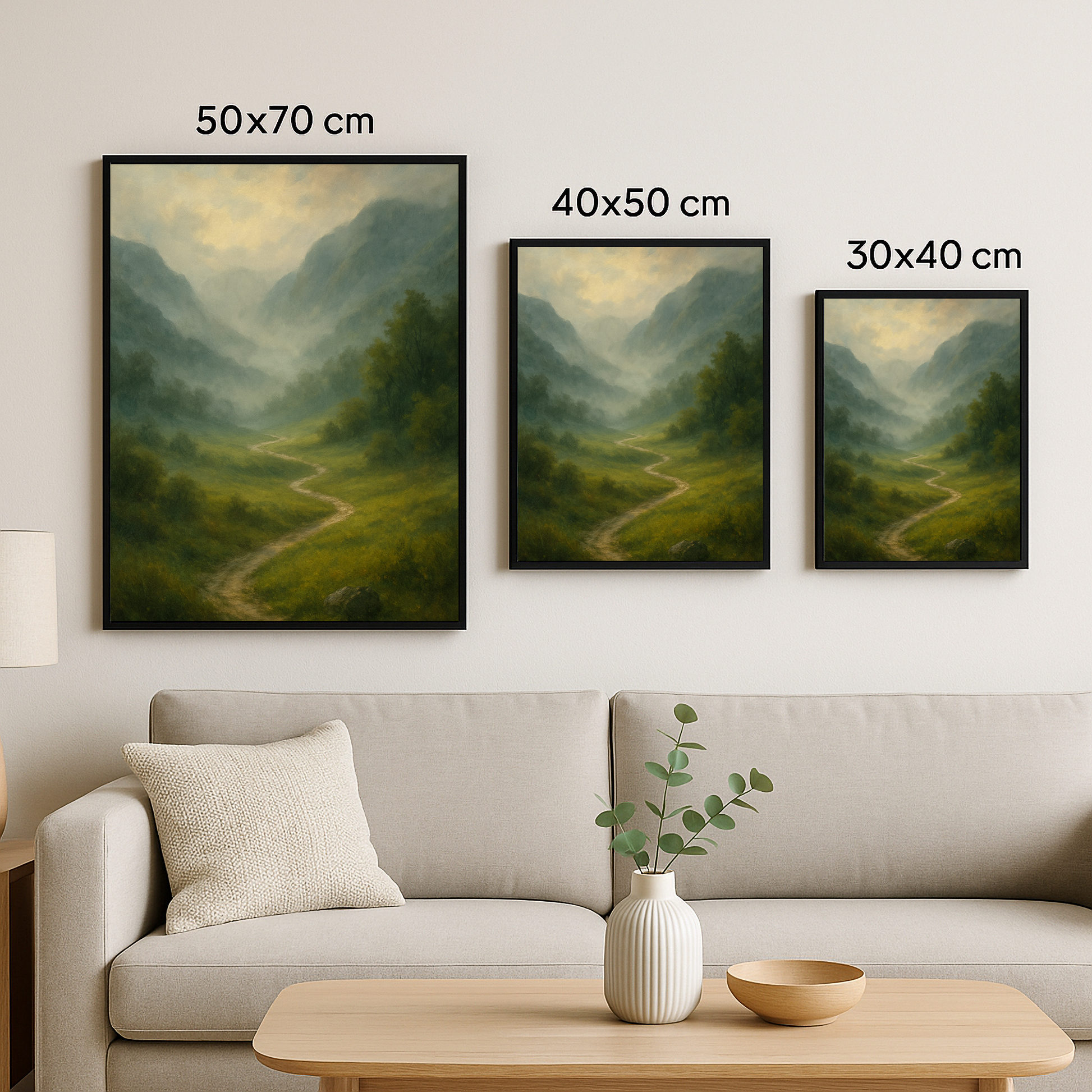 Sessiz Vadinin Çağrısı tablosunun 50x70 cm, 40x50 cm ve 30x40 cm boyutlarındaki çerçeveli versiyonlarının birlikte sergilendiği manzara temalı tablo seti görseli.